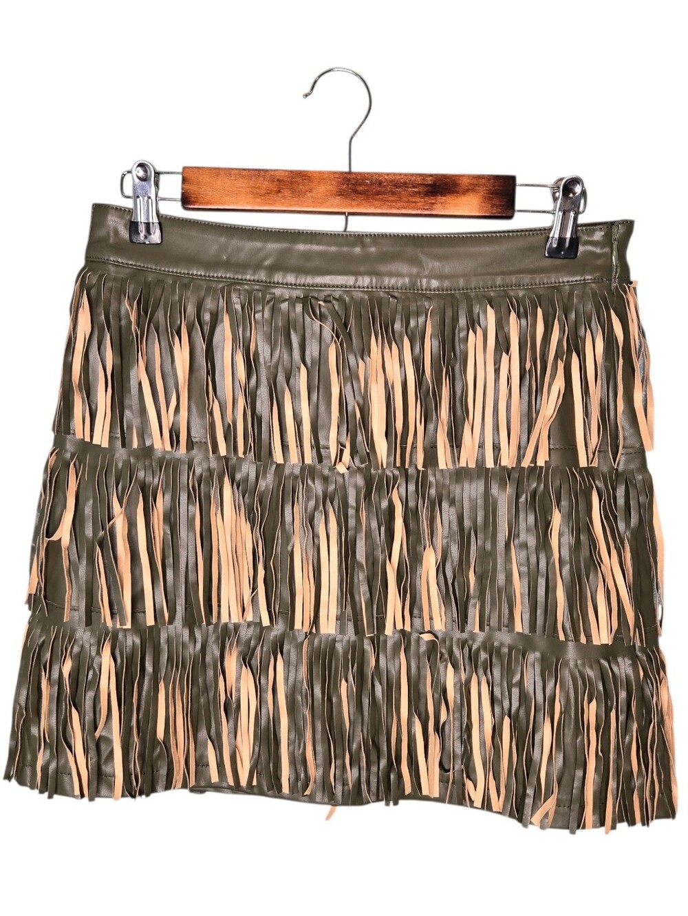 NWT Muy Muy Faux Leather Fringe Tiered Mini Skirt Size Large